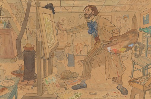 Een enigszins karikaturaal weergegeven schilder ( wsch. Jan Sluyters) werkend in zijn atelier aan een luministisch landschap
