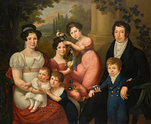 Family portrait, believed to be the Borbone-Spagna family; Maria Isabella with her husband francis i of the two sicilies, with their children