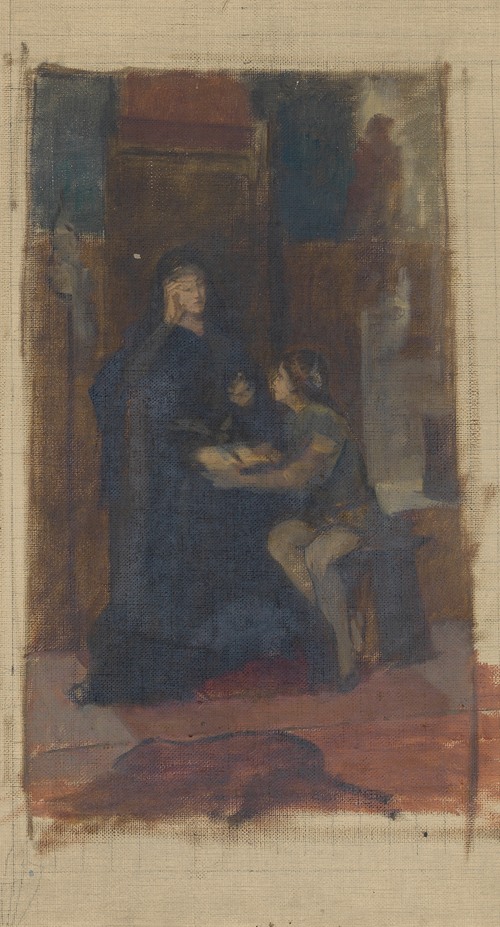 Ölskizze einer in einem Innenraum sitzenden Frau in langem Gewand, vor ihr ein sitzender Page mit aufgeschlagenem Buch (ca. 1900-1940)
