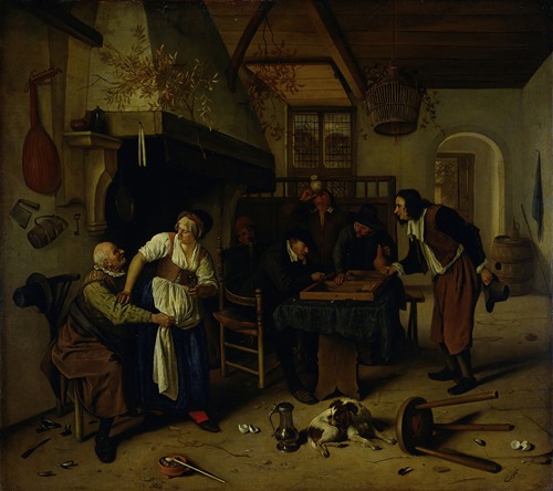 Interior of an inn with an old man amusing himself with the landlady and two men playing backgammon, known as ‘Two kinds of games’ (1660 - 1679)