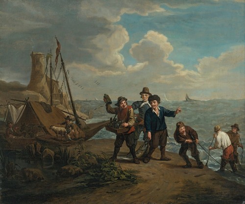 A peddler hawking spirits to fishermen along a windy shoreline