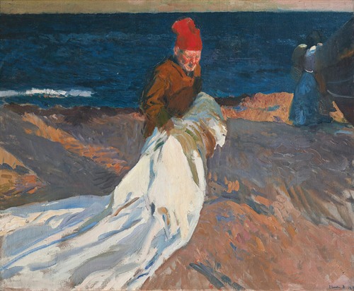 Recogiendo la vela, playa de Valencia (gathering the sail, Valencia beach) (1908)