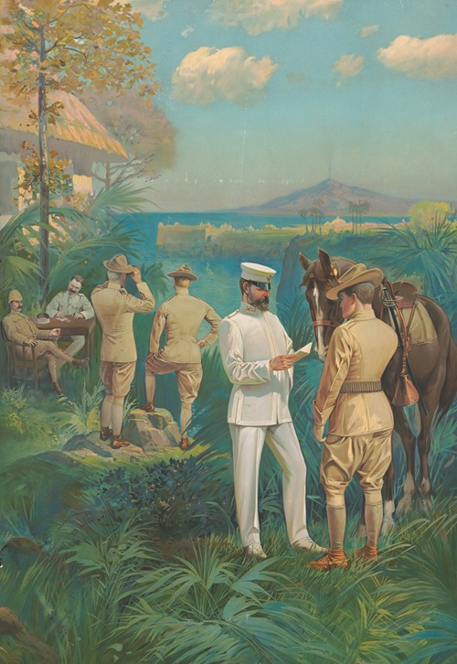Military officers overlooking a bay