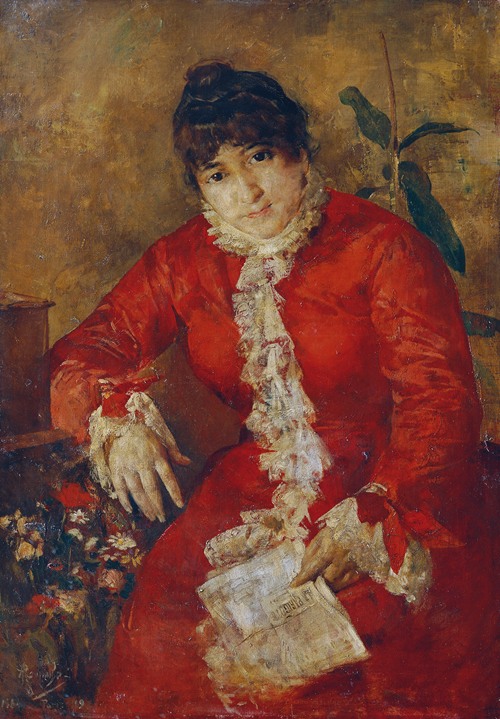 Frau im scharlachroten Kleid mit Zeitungsblatt und Ficus Frau im roten Kleid mit Zeitung
