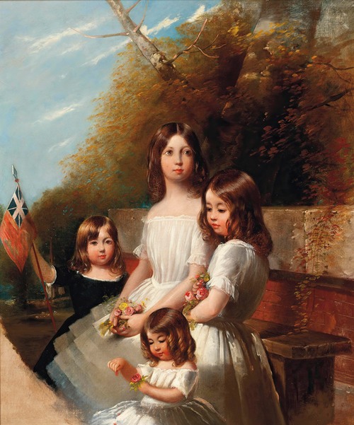 Group portrait of four children in a landscape