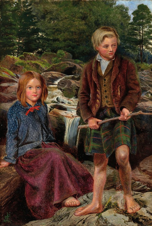 Two Highland children by a Scottish stream (1856-7)