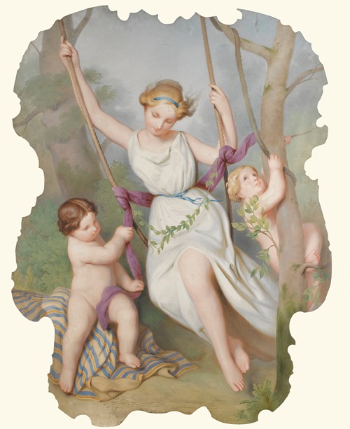 Girl On A Swing With Two Children