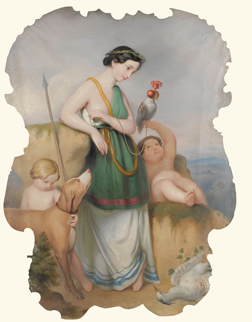 Girl With Two Children, Hound And Birds