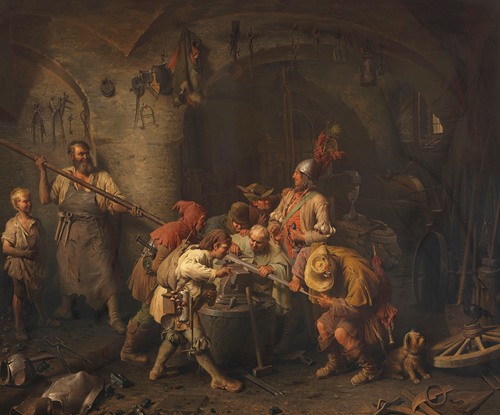 Die sieben Schwaben in der Schmiede beim Prüfen ihres Spießes