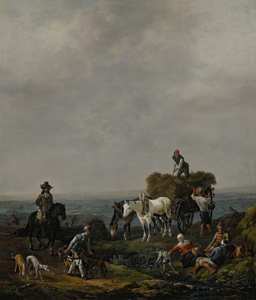 Falconers on a path with harvesters loading hay onto a wagon nearby, a valley beyond, at dusk (1659)