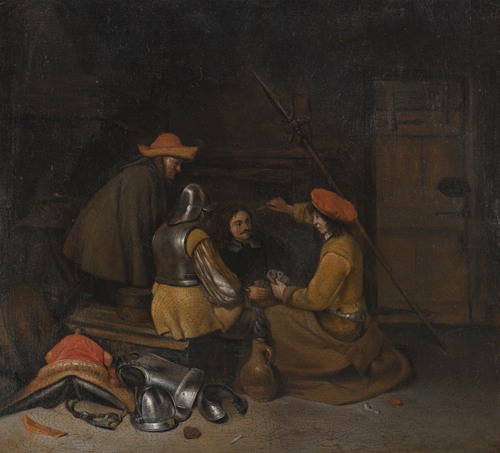 A Guardroom Interior With Four Figures Drinking And Playing Cards