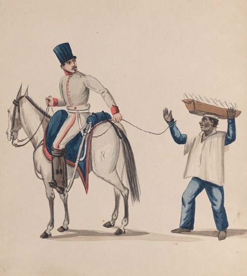 A soldier on horseback holding a rope that secures an enslaved indigenous man who is balancing a basket on his head (ca. 1848)