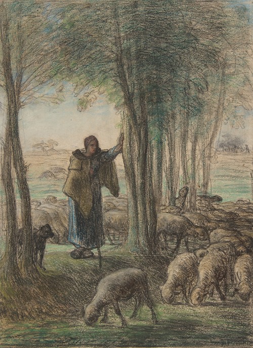 Jean-Francois Millet,Young Girl Guarding her Sheep, 1862,large wall art,framed wall art,canvas shops wall art,large canvas,M6173