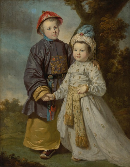Portrait of two children in eastern costumes