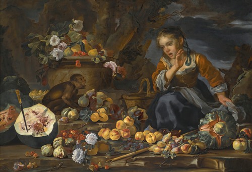 Still Life Of Watermelons, Apples, Figs, Pomegranates, Flowers And Peaches, With A Young Girl Startled By A Monkey