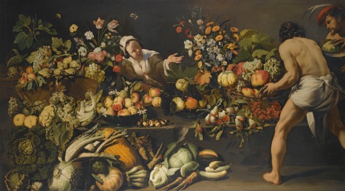 An Interior With Fruits, Vegetables And Flowers Arranged Over A Table And The Floor, With A Woman And Two Men