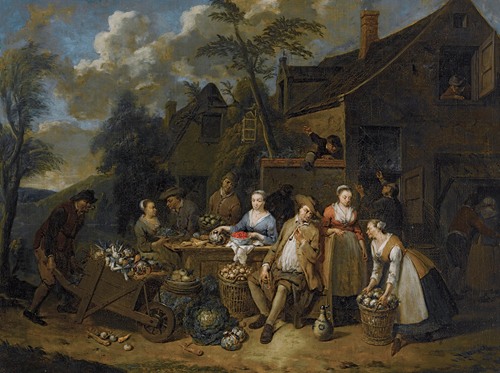 An Elegant Company In A Landscape Amongst Different Fruits And Vegetables, A Man With A Wheelbarrow Entering From The Left