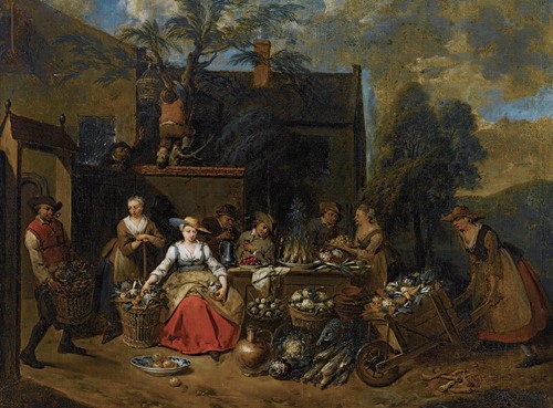 An Elegant Company In A Landscape Amongst Different Fruits And Vegetables, A Woman With A Wheelbarrow Entering From The Right