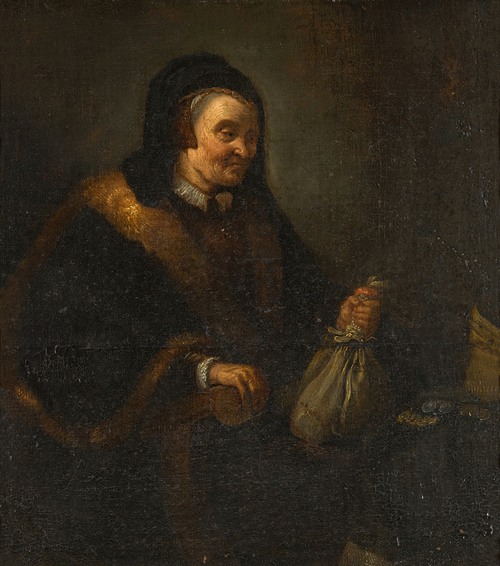 An old woman with a purse and coins at a table; Allegory of Avarice
