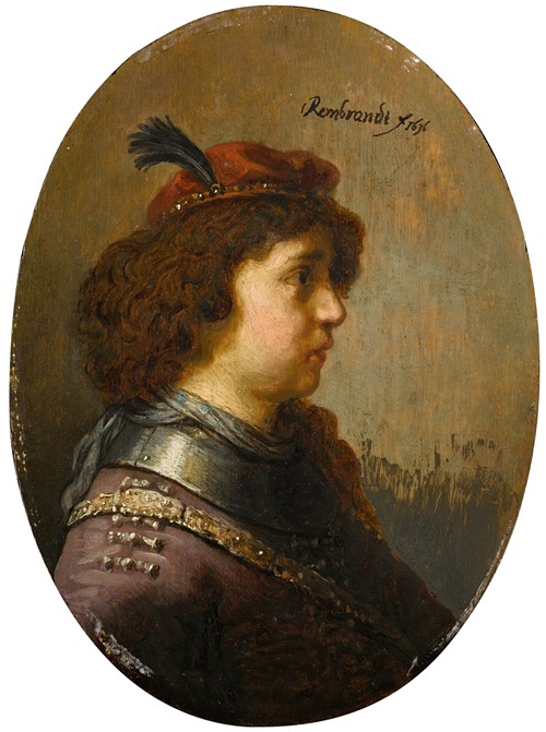 Portrait of a young man in armour and a red feathered cap