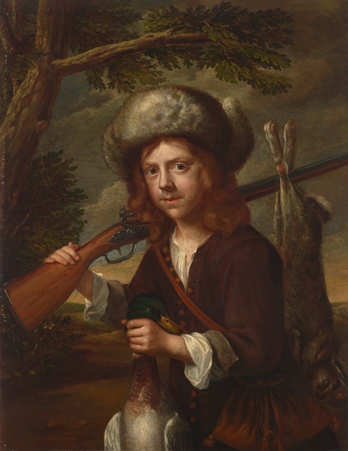 A young hunter, in a fur cap with a rifle, mallard and hare
