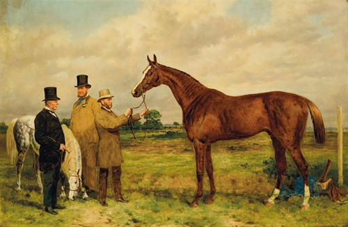 ‘Prince Charlie,’ Winner of the Two Thousand Guineas, with Portraits of Mr. H. Jones, Owner, and Mr. Joseph Dawson, Trainer