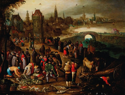 A fish market before a city on the water (1608)