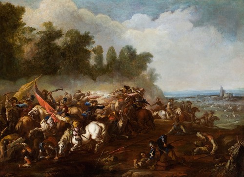 Cavalry Skirmish in an Extensive Landscape with Village in the Distance