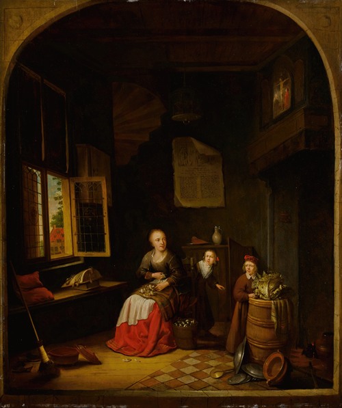 Interior of a kitchen with a seated woman peeling onions, a child hiding behind her, and a child holding a cabbage on a barrel