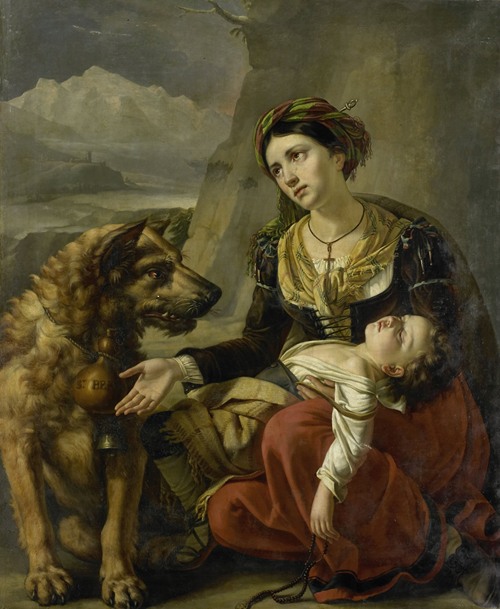 A Saint Bernard Dog Comes to the Aid of a lost Woman with a sick Child (1827)