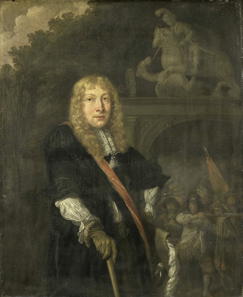 Portrait of an officer of the Leiden civic guard in front of the gate of the headquarters of the St. George guards