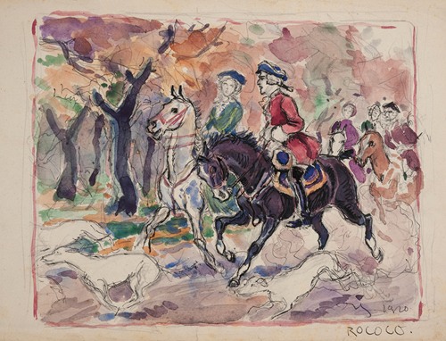 Scena rodzajowa - para w strojach z poł. XVIII w. na koniach jadąca przez las (1920)