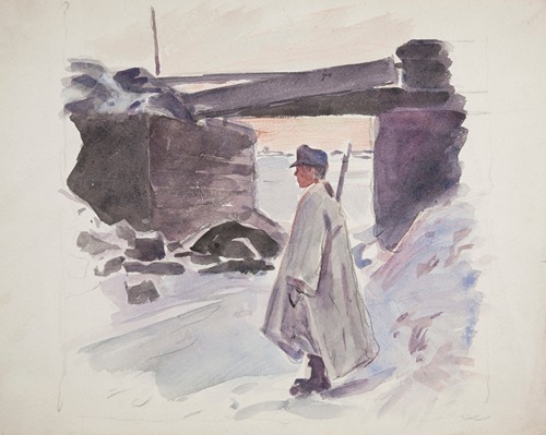 żołnierz Legionu Ukraińskich Strzelców Siczowych (1914-1920) stojący na warcie przy moście