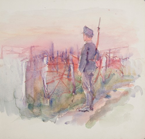 Żołnierz Legionu Ukraińskich Strzelców Siczowych (1914-1920) stojący na warcie przy zasiekach
