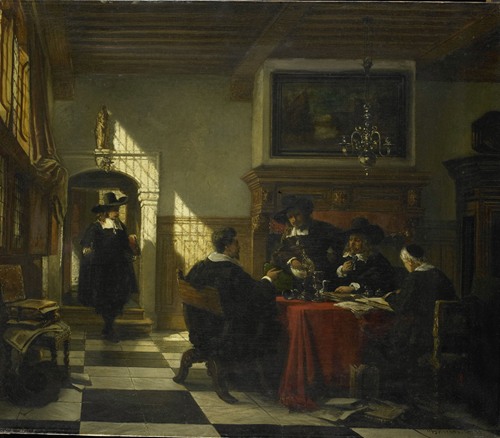 Gezelschap in 17e-eeuwse dracht bij een tafel waarop een Nautilusbeker