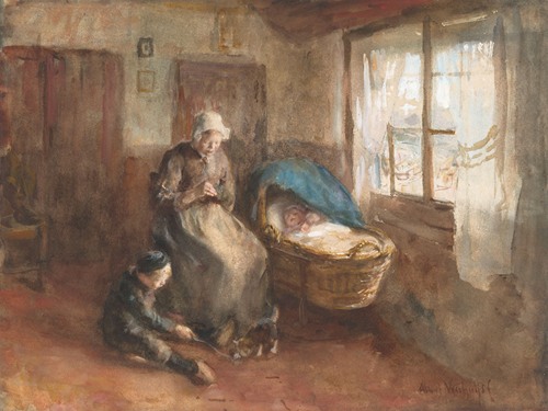 Interieur met een vrouw bij een wieg en een jongetje op de grond