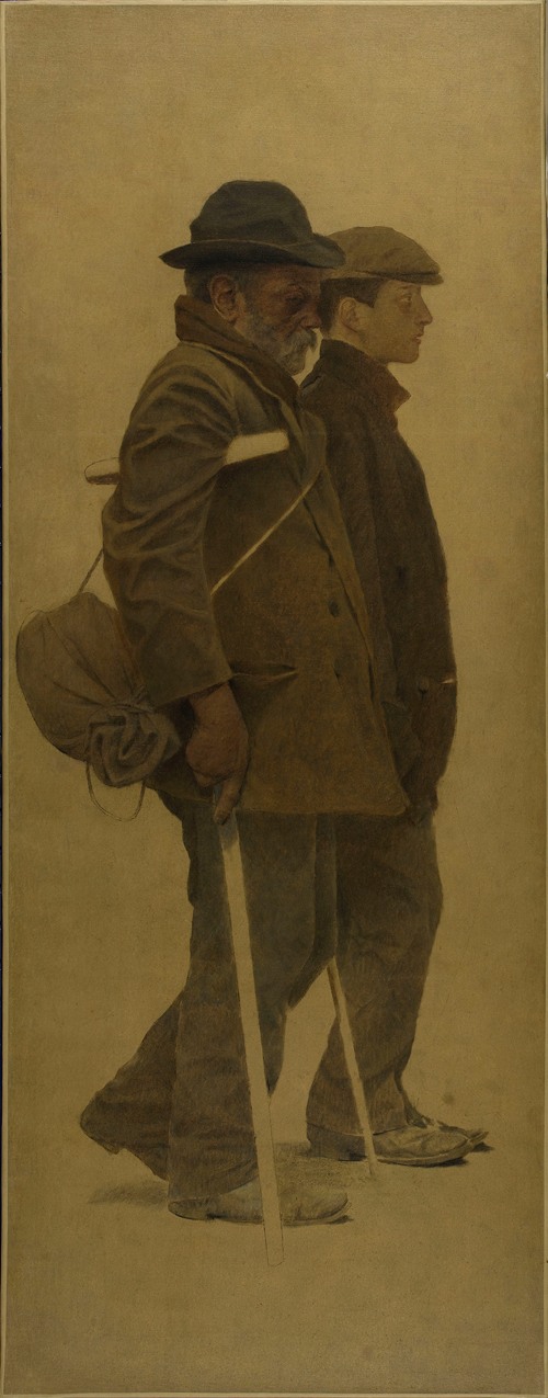 La Bouchée de pain; un vieil homme à béquilles et un jeune homme côte à côte