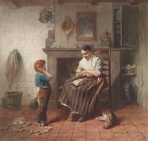 Interieur met een jongetje, een vlieger en een vrouw