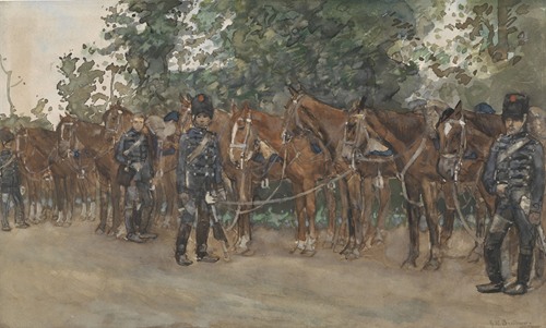 Huzaren staande naast hun paarden langs de kant van de weg