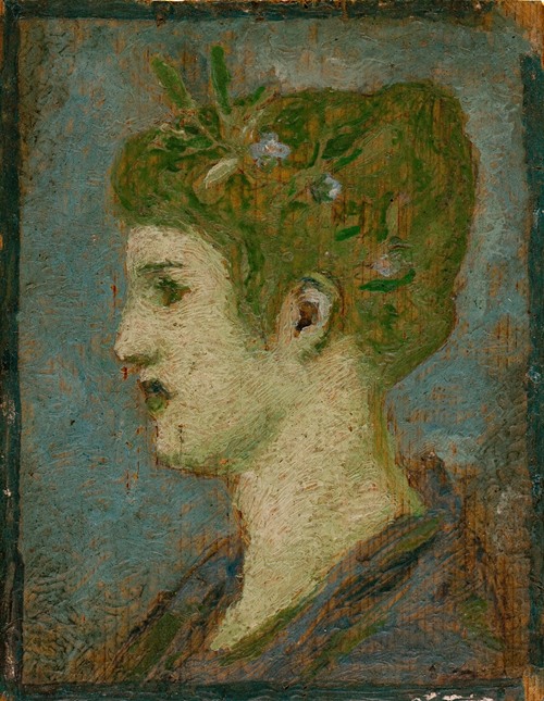 Tête de femme couronnée de feuillage, profil gauche (1880)