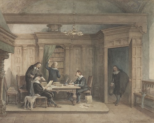 Vijf mannen in interieur