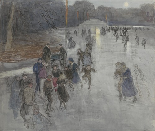 IJsvermaak bij maanlicht, op een bevroren vijver in het Haagse Bosch
