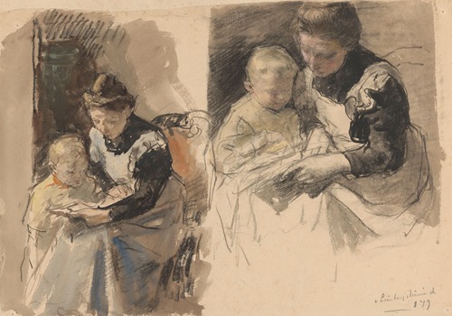 Twee studies van een dienstmeid die een jongetje aan haar schoot leert lezen