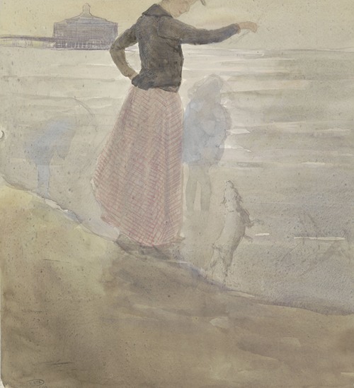 Vrouw met twee kinderen en een hondje aan het strand