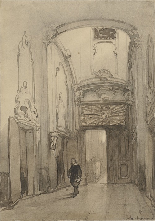 Rococo portaal in het stadhuis in Den Haag met een man in zeventiende-eeuws kostuum