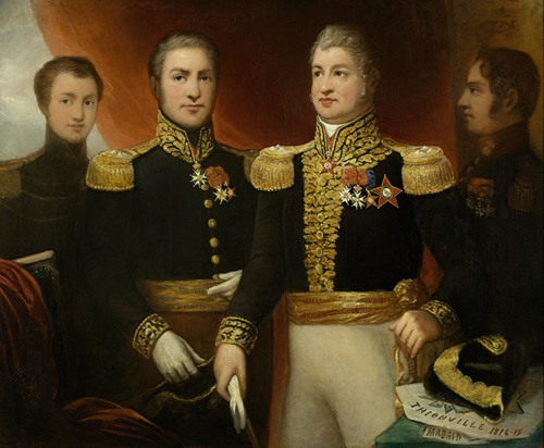 Le général Léopold Hugo avec deux de ses frères et son fils Abel en uniforme de la Restauration