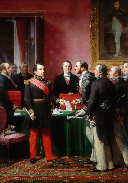 Napoléon III remettant au baron Haussmann le décret d’annexion des communes limitrophes (16 février 1859).