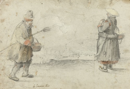 Studies of a Man and a Woman Standing on the Bank of a Frozen River, with a Town in the Distance