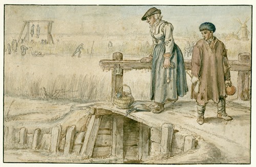 Winter Landscape with a Woman and a Youth on a Small Bridge, Skaters and a Gallows in the Distance