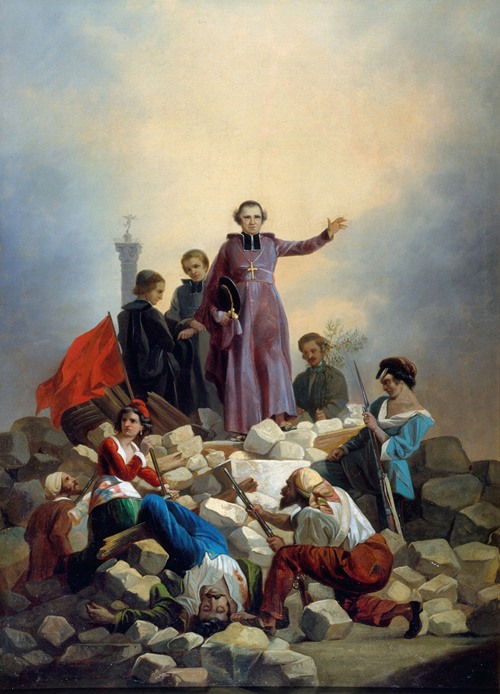 Monseigneur Affre sur la barricade, faubourg Saint-Antoine, actuels 11ème et 12ème arrondissements, le 26 juin 1848
